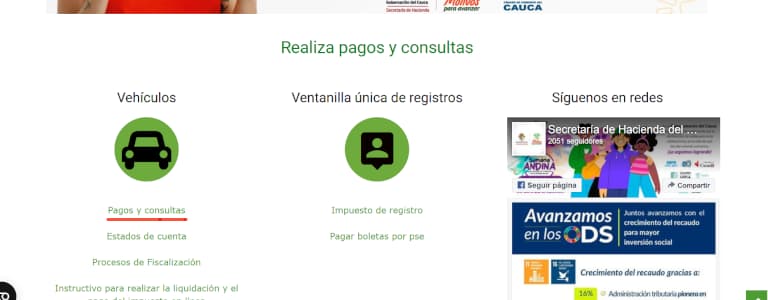 Imagen de la página web Oficial del Cauca, para realizar el pago del Impuesto Vehicular Popayán 