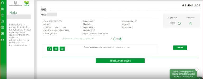 Página previa antes de realizar el pago de impuesto vehicular medellin